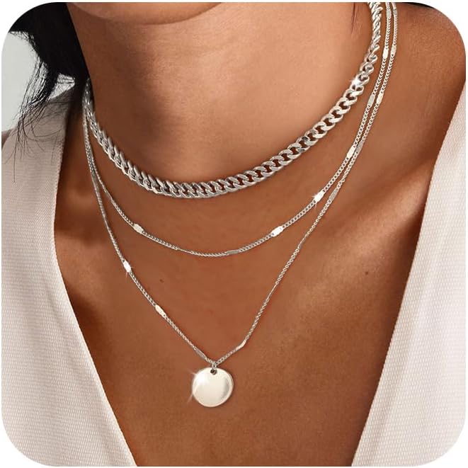 Manufacturer Layered Silver Necklaces for Women, Sterling Silver Stackable Stack Choker Necklaces for Women Trendy Layering Circle Pendant Chain Necklace Set Jewelry for Women Necklace