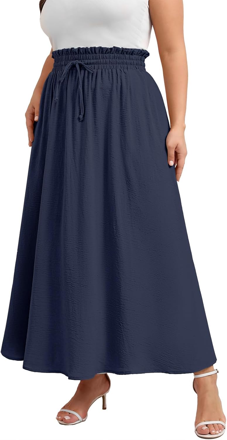 Xpenyo Womens Plus Size Maxi Skirts Summer Elastic High Waisted Boho Casual Beach Flowy Swing Long Skirts with Pockets
