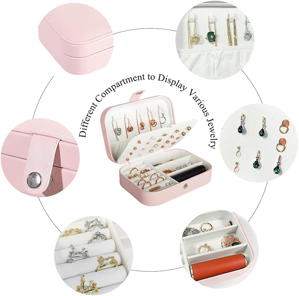 Manufacturer Travel Jewelry Box, PU Leather Small Jewelry Organizer for Women Girls, Portable Mini Travel Case Display Storage Holder Boxes for Stud Earrings, Rings, Necklaces, Bracelets (Pink) rings