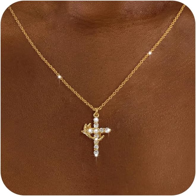 Manufacturer Tewiky Diamond Cross Necklace for women-Dainty 14k Gold Cubic Zirconia Pendant Necklaces Simple Gold Cross Pendant Necklace Cute Tiny Gold Jewelry necklace