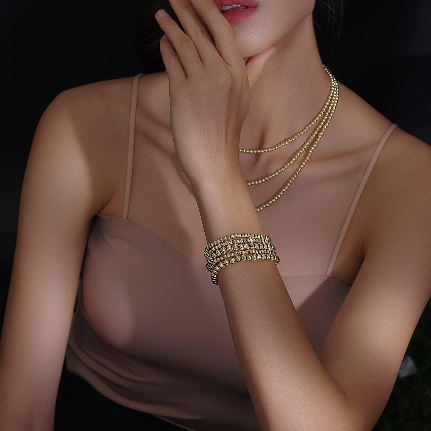 Manufacturer Badu Gold Plate Bead Bracelet for Women 14K Gold Plated Bead Ball Bracelet Stretchable Elastic Hypoallergenic Bohemian Stackable bracelets