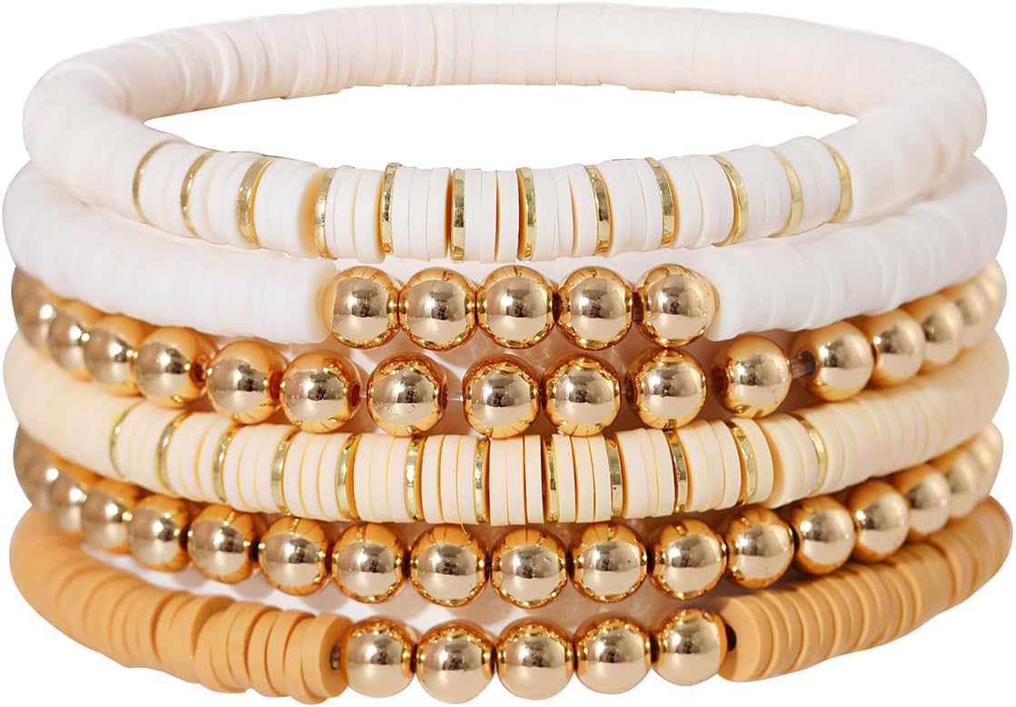 Manufacturer GOOJIDS Surfer Heishi Clay Bead Bracelets for Women Bohemian Stackable Gold Beaded Stretch Bracelets Elastic Layering Friendship Bracelets Set Boho Jewelry bracelets