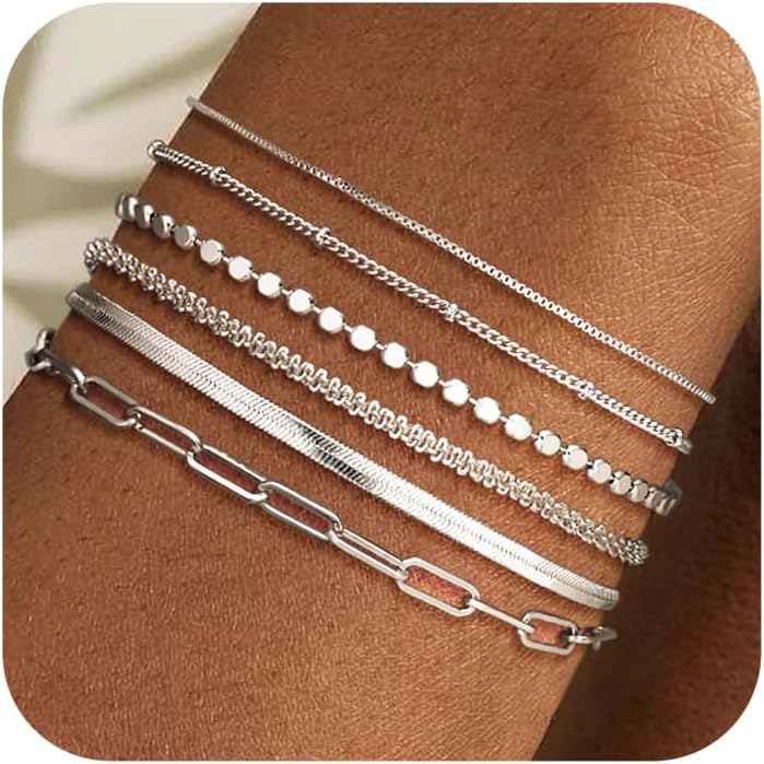 Manufacturer DEARMAY Dainty Silver Bracelets for Women Trendy, 925 Sterling Silver Jewelry Set for Women Bracelets for Women Paperclip Box Herringbone Figaro Rope Chain Bracelet Fashion Pack Gifts for Women bracelets