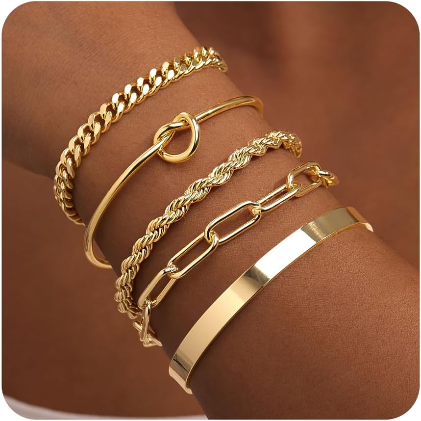 Manufacturer Gold Bracelets for Women Non Tarnish, 14K Gold Plated Chunky Cuff Bracelet Gold Bangles Bracelet for Women Trendy Tie Knot Cuban Rope Paperclip Beaded Bracelet Stack Jewelry Gifts bracelets