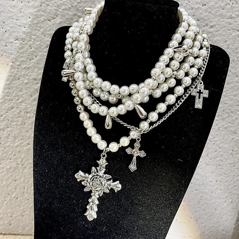 Manufacturer Layered Pearl Necklace Gothic Cross Pearl Stacked Necklace for Women Necklace