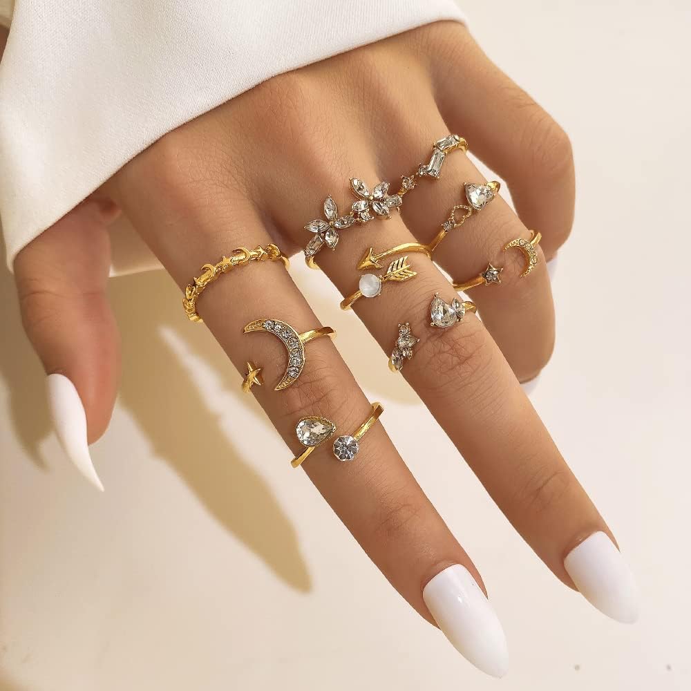 Manufacturer KISS WIFE Gold Stackable Moon Star Knuckle Rings Set for Women, Boho Dainty Lightweight Stacking Rings, Vintage Midi Rings Pack, Trendy Jewelry rings