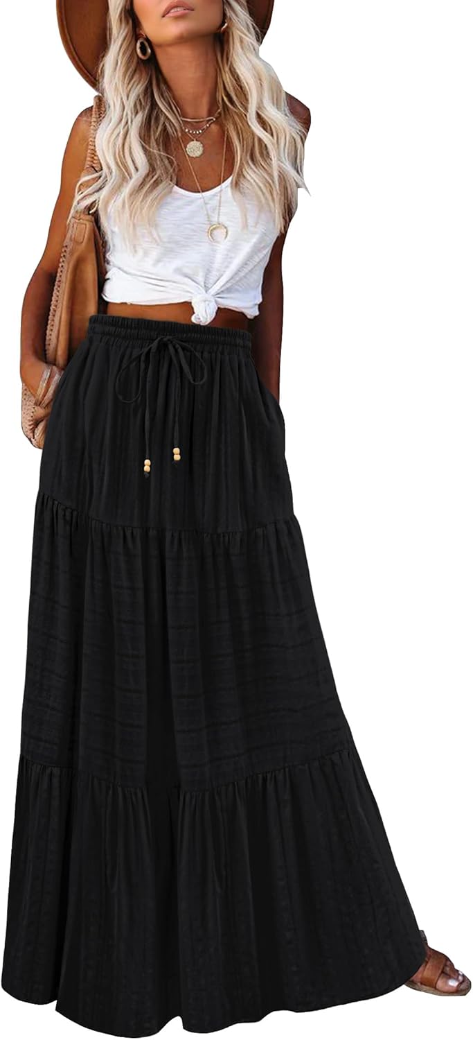 Manufacturer HAEOF Women's Summer Boho Maxi Skirt A-Line Flowy Ruffle Tiered Elastic High Waist Beach Long Skirts with Pockets