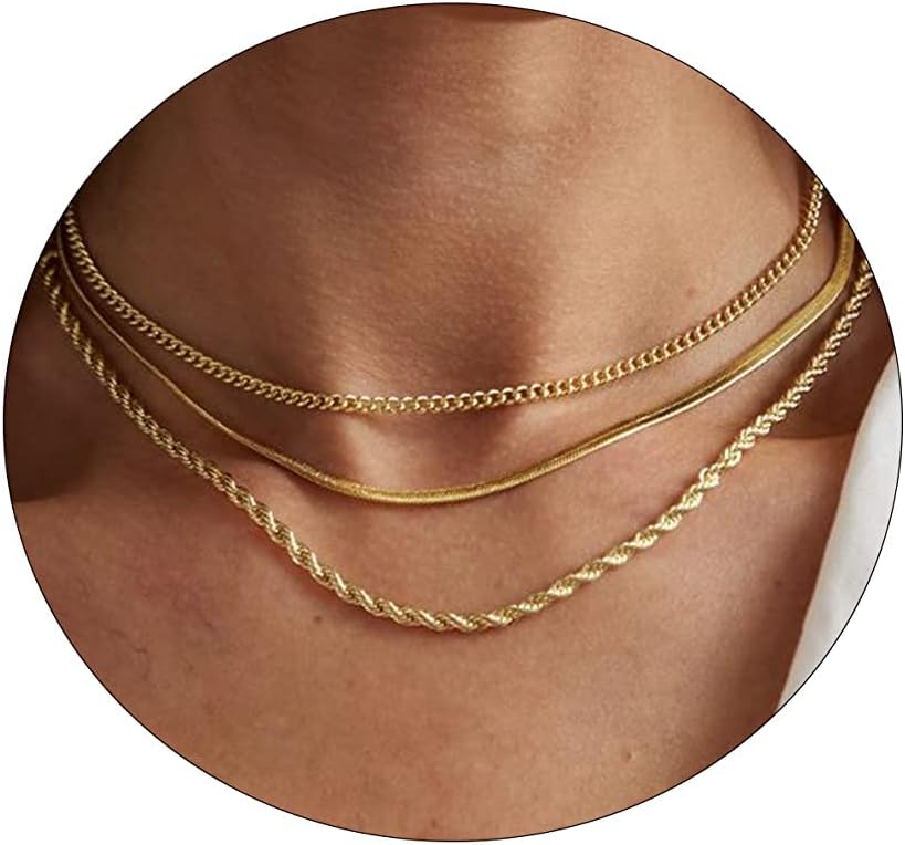 Manufacturer Tasiso Herringbone Choker Necklace Set Double Layer Snake Chain Herringbone Chain Necklace Layering Necklace Set Cuban Chain Necklace for Women Necklace