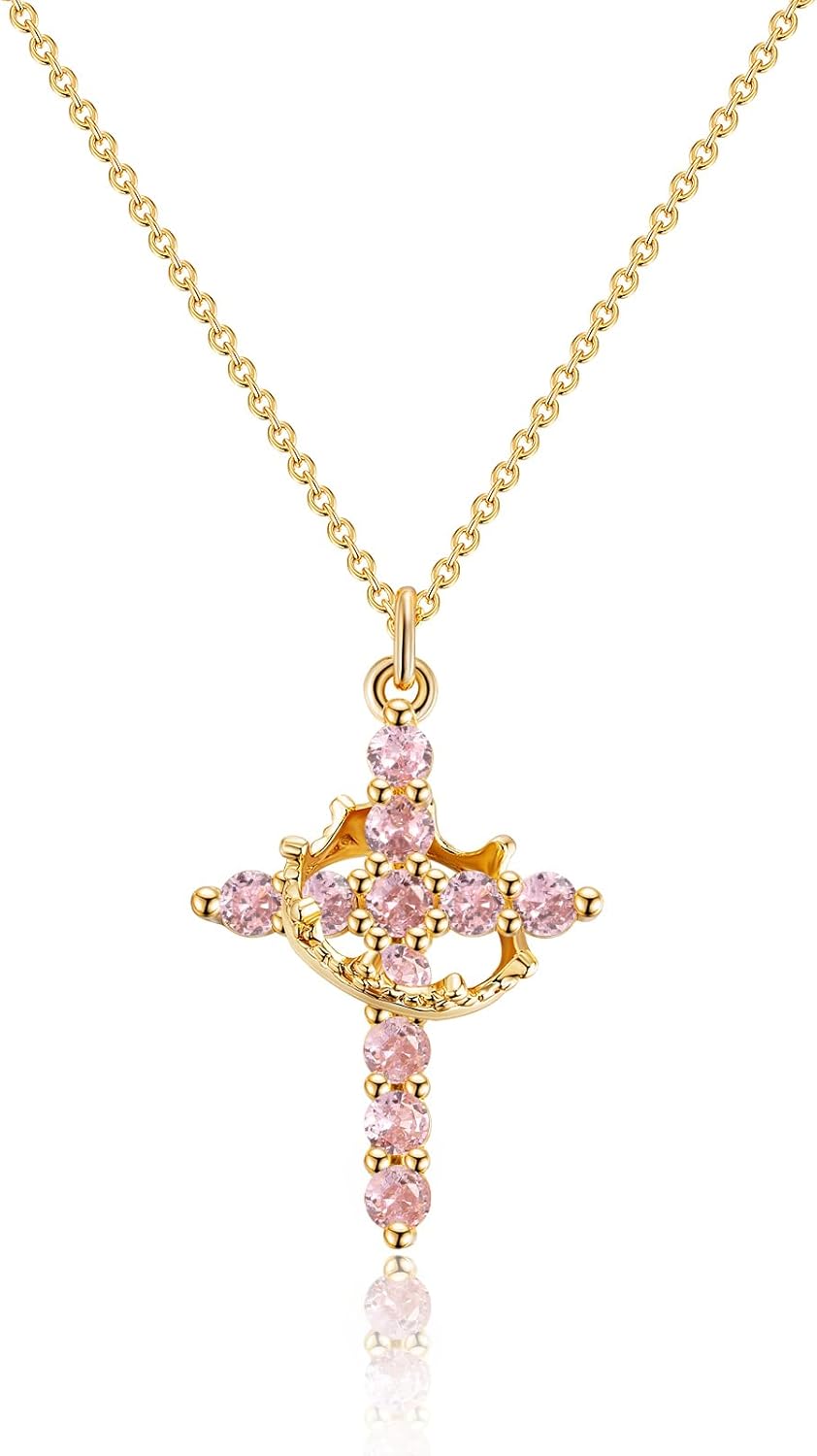 Manufacturer Upgraded Crown Cross Necklace for Women Women's Gifts 14K Gold Plated Crown Cross Pendant Necklace Diamond Cross Necklaces Faith Cross Jewelry First Communion Gifts Necklace
