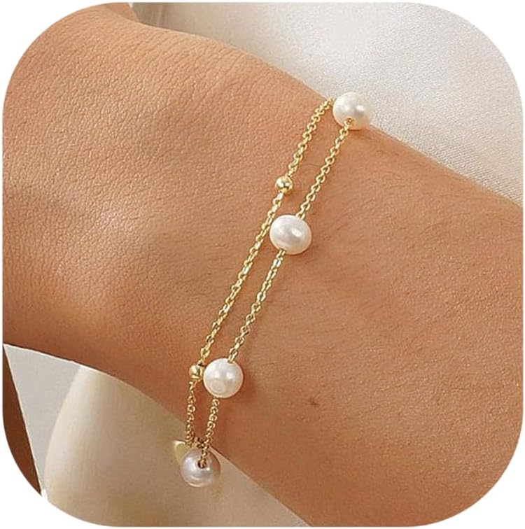 Manufacturer KOHOTA Silver Gold Bracelets for Women Trendy 14K Gold Plated Bracelet for Women Non Tarnish Dainty Stackable Layered Chain Heart Pearl Knot Beaded Bracelets Stack Set Charm Mothers Day Jewelry Gifts bracelets