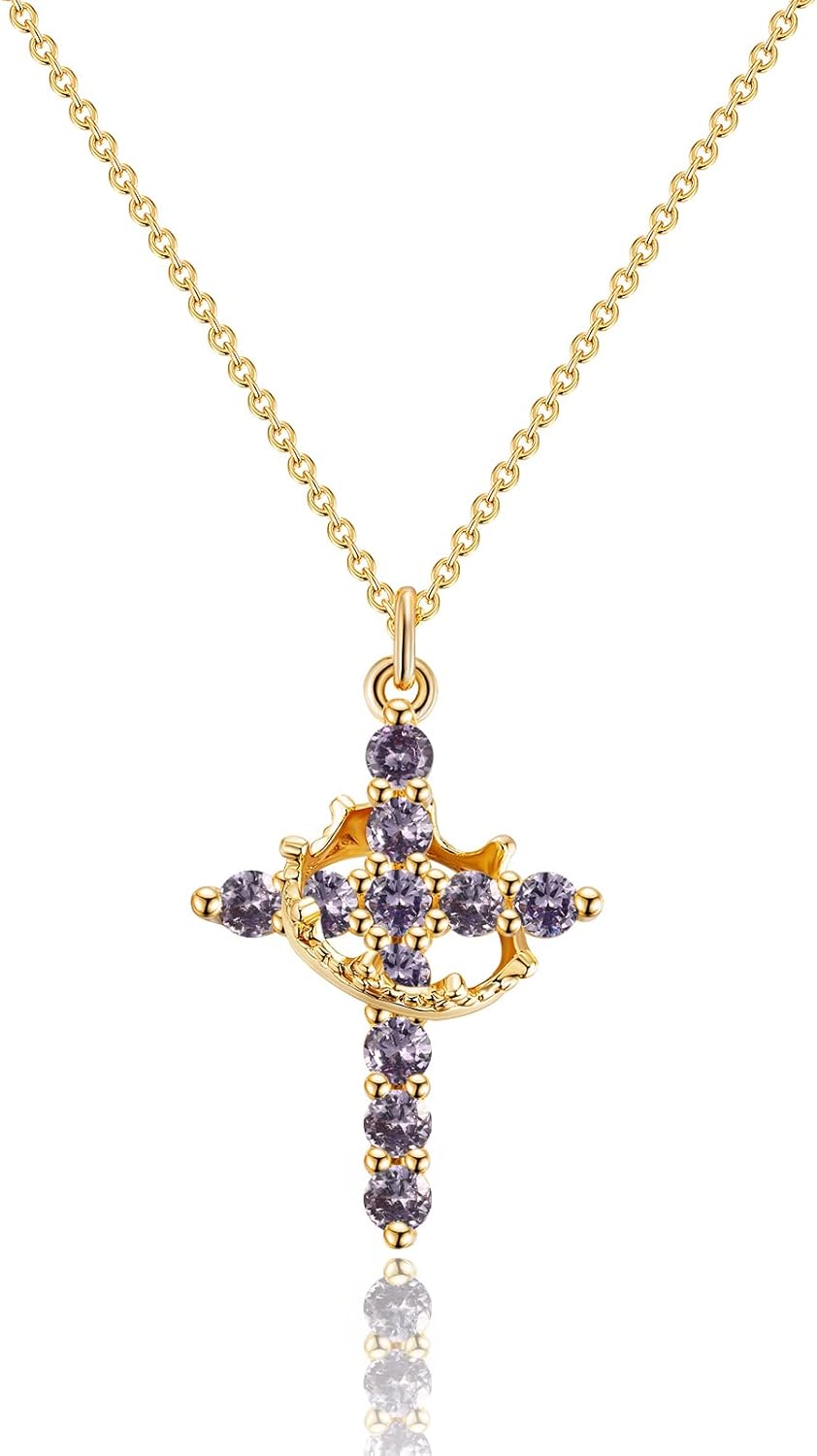 Manufacturer Upgraded Crown Cross Necklace for Women Women's Gifts 14K Gold Plated Crown Cross Pendant Necklace Diamond Cross Necklaces Faith Cross Jewelry First Communion Gifts Necklace