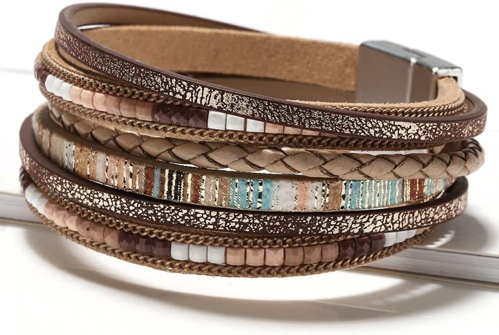 Manufacturer Fesciory Leather Wrap Bracelets for Women, Boho Leopard Multi-Layer Crystal Beads Cuff Bracelet Jewelry bracelets