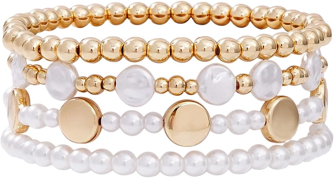 Manufacturer Gold Beaded Bracelets for Women Trendy, 14K Gold Plated Stack Cross Pearl Gold Bead Stretch Bracelets Set Elastic Hypoallergenic Bracelets Jewelry Gifts bracelets
