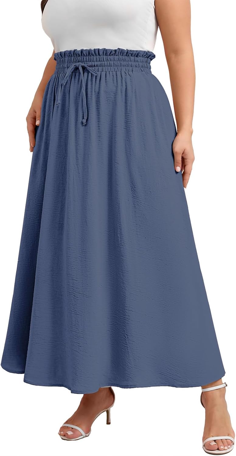 Xpenyo Womens Plus Size Maxi Skirts Summer Elastic High Waisted Boho Casual Beach Flowy Swing Long Skirts with Pockets