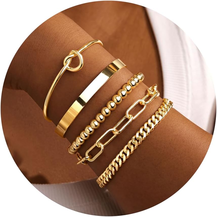 Manufacturer Gold Bracelets for Women Non Tarnish, 14K Gold Plated Chunky Cuff Bracelet Gold Bangles Bracelet for Women Trendy Tie Knot Cuban Rope Paperclip Beaded Bracelet Stack Jewelry Gifts bracelets