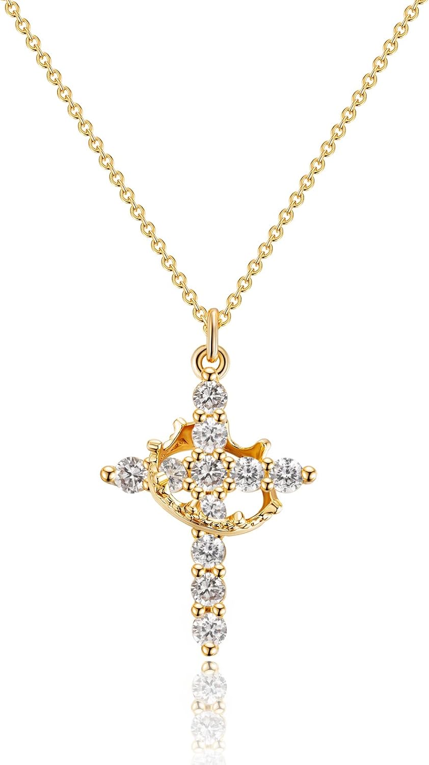 Manufacturer Upgraded Crown Cross Necklace for Women Women's Gifts 14K Gold Plated Crown Cross Pendant Necklace Diamond Cross Necklaces Faith Cross Jewelry First Communion Gifts Necklace