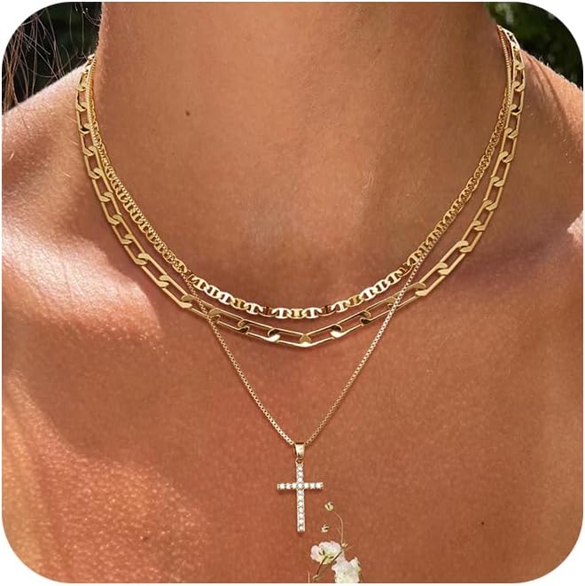 Manufacturer Gold/Silver Necklaces Stack For Women,14K Gold/Sterling Silver Plated Simple Layered Choker Necklaces For Women,Stackable Multilayer Pearl Cross Disc Circle Pendant Cuban Herringbone Snake Paperclip Chain Necklaces