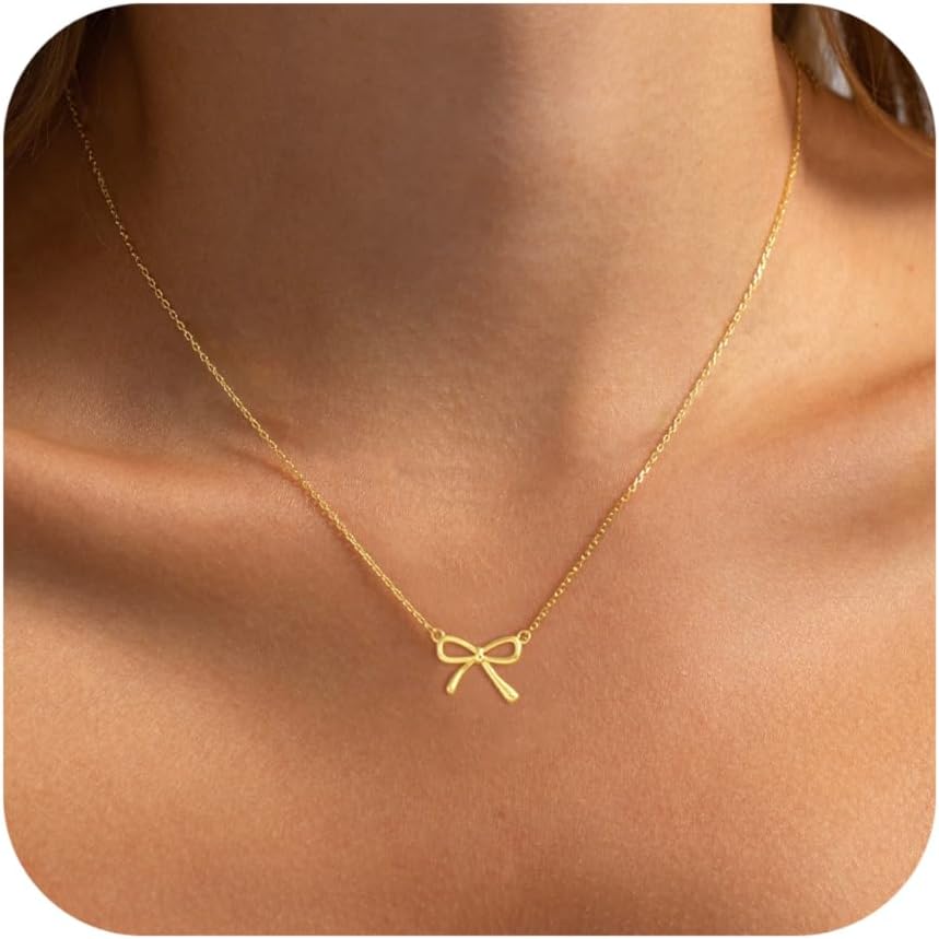 Manufacturer Gold Necklace for Women Dainty Bow Necklace 14K Gold Plated Cute Choker Necklace Small Bow Pendant Charm Necklaces Teen Gift Trendy Stuff Personalized Jewelry Gifts Necklace