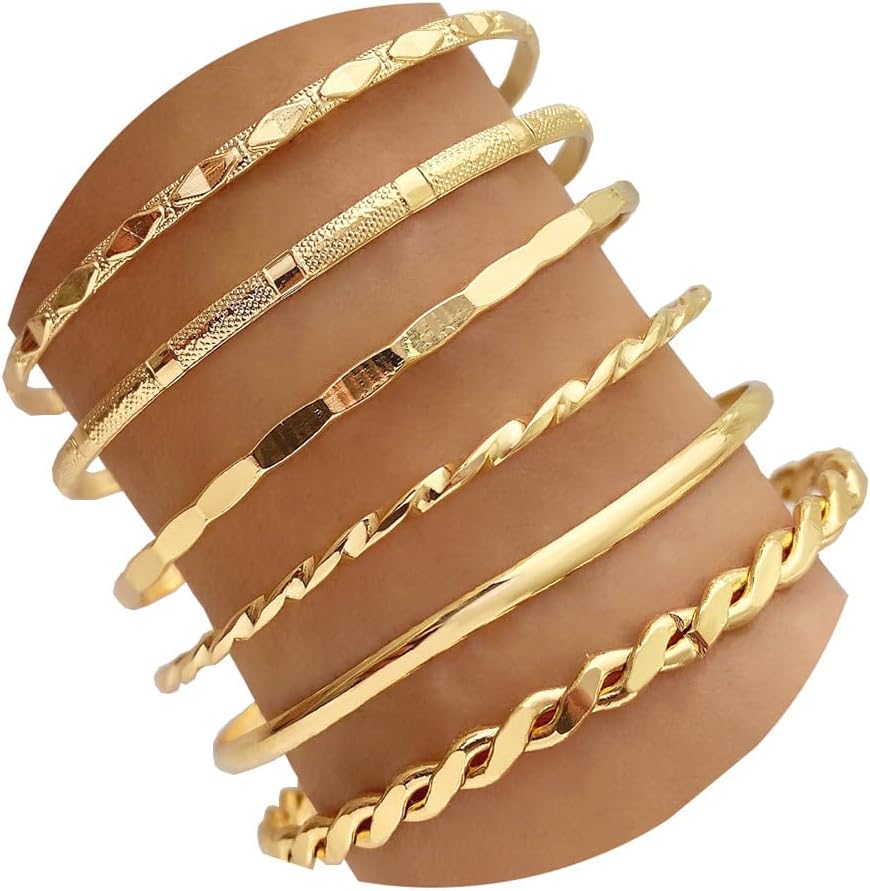 Manufacturer IFKM Gold Bangle Bracelets For Women, 14k Gold Plated Multi Layer Stackable Cuff Bracelet Set, Trendy Elegance Charms Non Tarnish Minimalist Textured Boho Jewelry Gift for Women bracelets