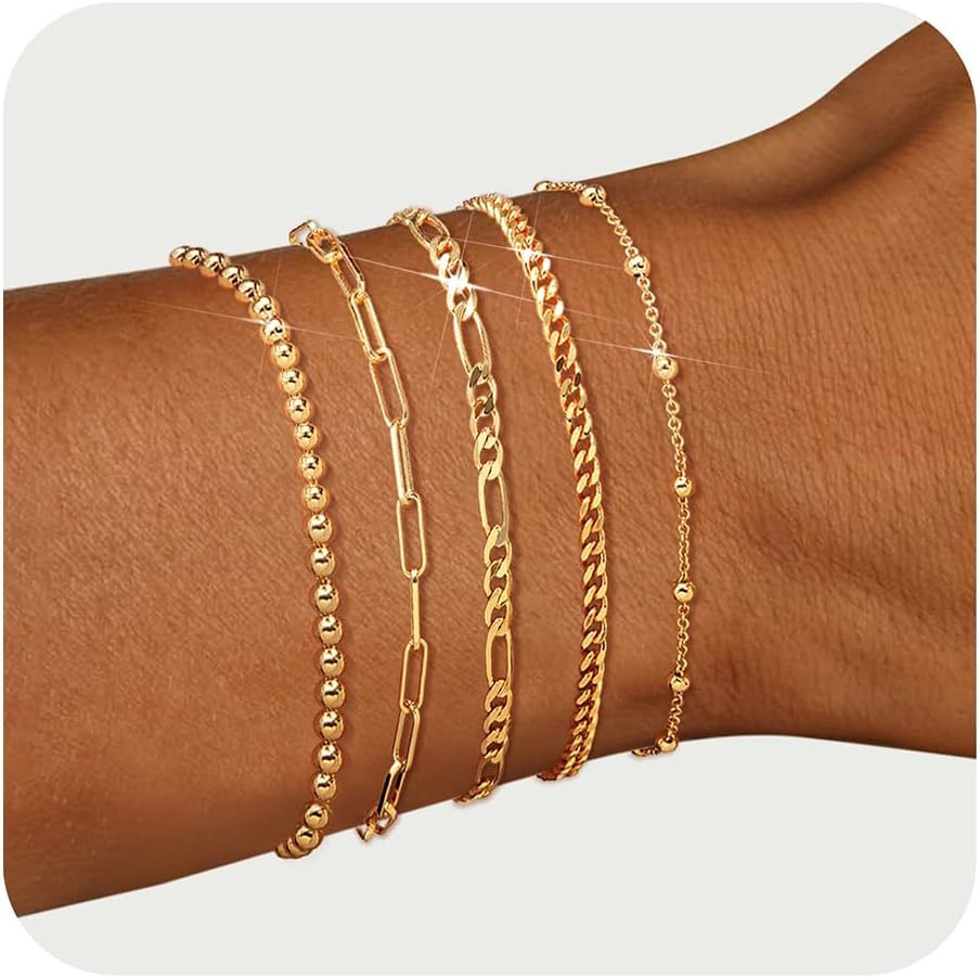 Manufacturer adoyi Gold Bracelets for Women, 14K Gold Plated Stackable Bracelet Stack Set Adjustable Charm Paperclip Chain Cuban Link Layered Waterproof Jewelry Sets Gifts for Womens 6.0/6.8/7.2" bracelets