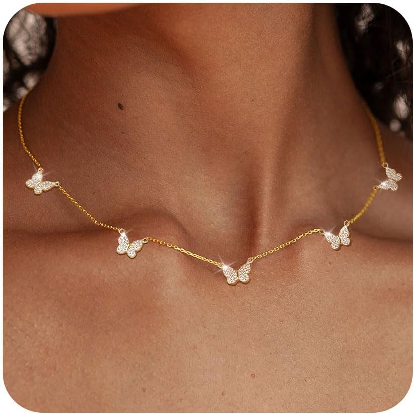 Manufacturer FUNEIA Dainty Silver Gold Necklaces for Women Trendy Non Tarnish 14K Gold Plated Cubic Zirconia Necklace Layered Cute Butterfly Heart Station Choker Necklace Stack for Wedding Prom Brides Jewelry Necklace
