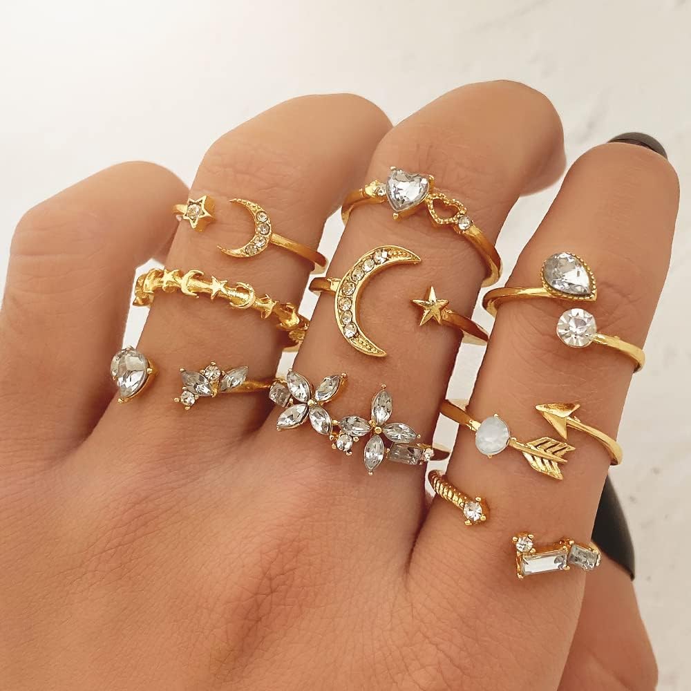Manufacturer KISS WIFE Gold Stackable Moon Star Knuckle Rings Set for Women, Boho Dainty Lightweight Stacking Rings, Vintage Midi Rings Pack, Trendy Jewelry rings