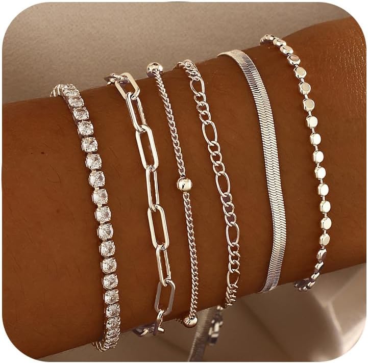 Manufacturer DEARMAY Dainty Silver Bracelets for Women Trendy, 925 Sterling Silver Jewelry Set for Women Bracelets for Women Paperclip Box Herringbone Figaro Rope Chain Bracelet Fashion Pack Gifts for Women bracelets