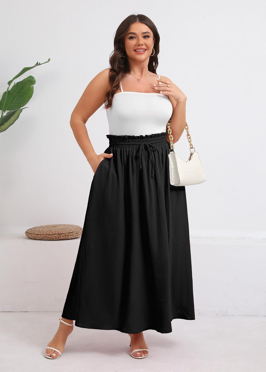 Xpenyo Womens Plus Size Maxi Skirts Summer Elastic High Waisted Boho Casual Beach Flowy Swing Long Skirts with Pockets
