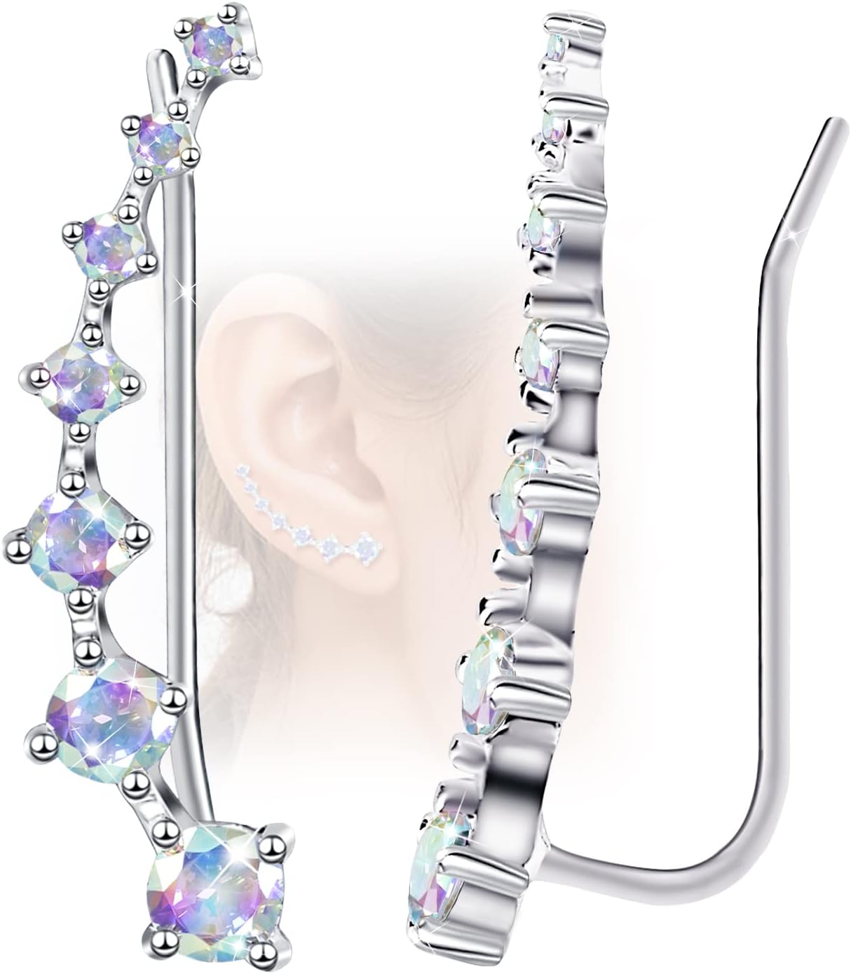 Manufacturer Sterling Silver 7 Crystals Ear Cuffs Climber Cartilage Earrings Dainty Trendy Jewelry Hypoallergenic Fashion Earring Charms Birthday Gift for Women earring