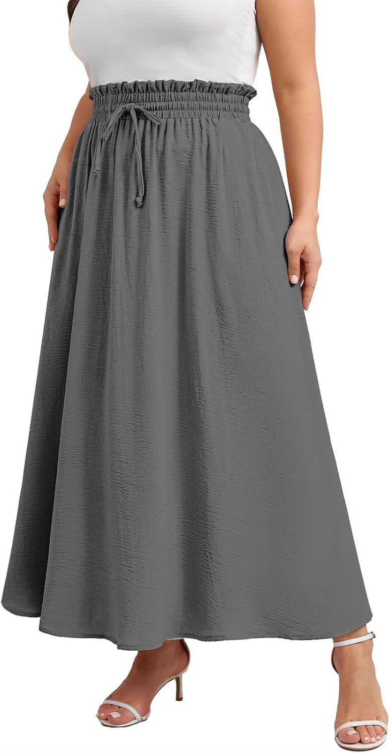 Xpenyo Womens Plus Size Maxi Skirts Summer Elastic High Waisted Boho Casual Beach Flowy Swing Long Skirts with Pockets
