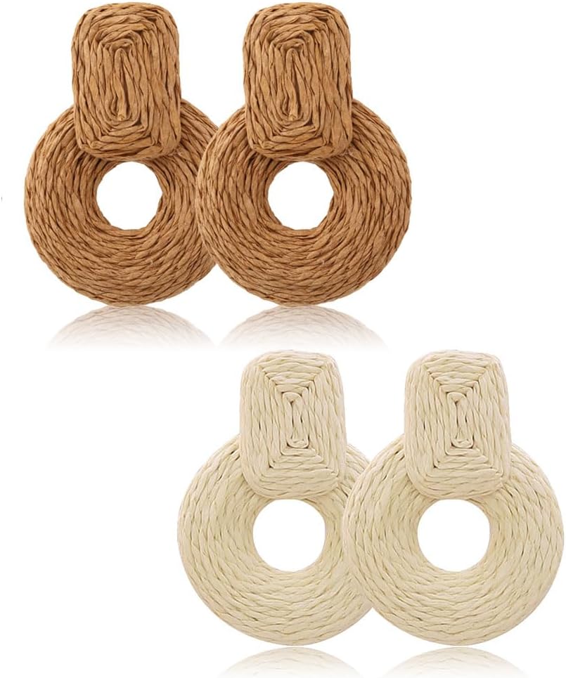 Manufacturer 4 Pairs Handmade Raffia Rattan Bohemian Round Drop Dangle Earrings for Women, Boho Statement Cute Fun Hoop Earrings Set earring