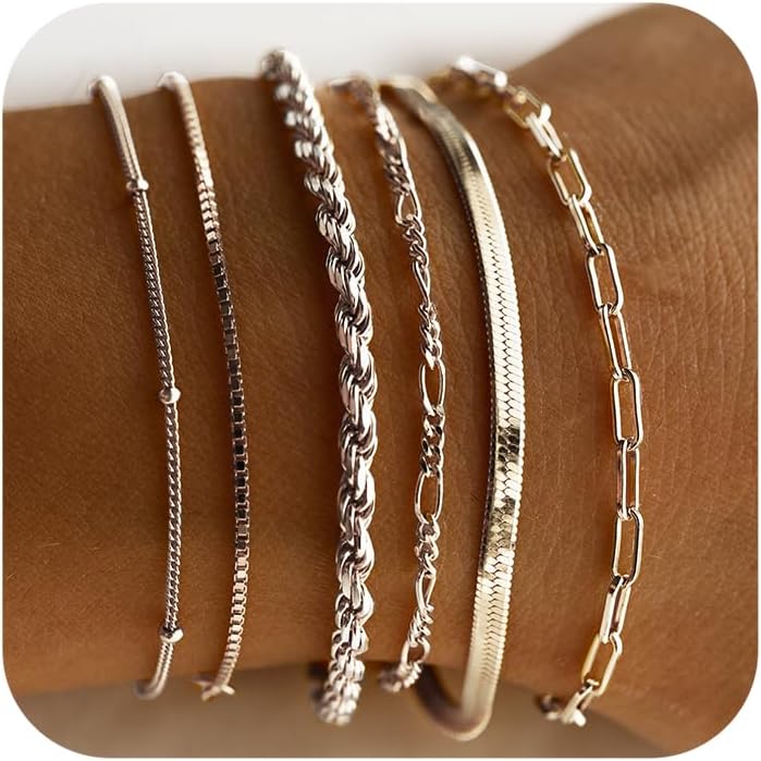 Manufacturer DEARMAY Gold Bracelets for Women Waterproof, 14K Real Gold Jewelry Sets Trendy Thin Dainty Stackable Cuban Link Paperclip Chain Bracelet Pack Fashion Accessories Gifts for Womens bracelets