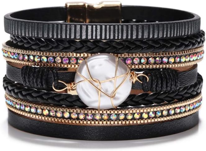 Manufacturer Fesciory Leopard Bracelet for Women, Boho Leather Wrap Multi-Layer Pearl Crystal Bracelet Bangle Jewelry bracelets