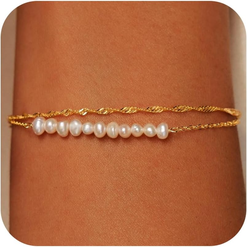 Manufacturer SLOONG Gold Bracelets for Women Trendy, 14K Real Gold Plated Dainty Stackable Pearl Snake Chain CZ Heart Pendant Bracelets, Layered Waterproof Jewelry Gift for Women Adjustable 6"+2" bracelets