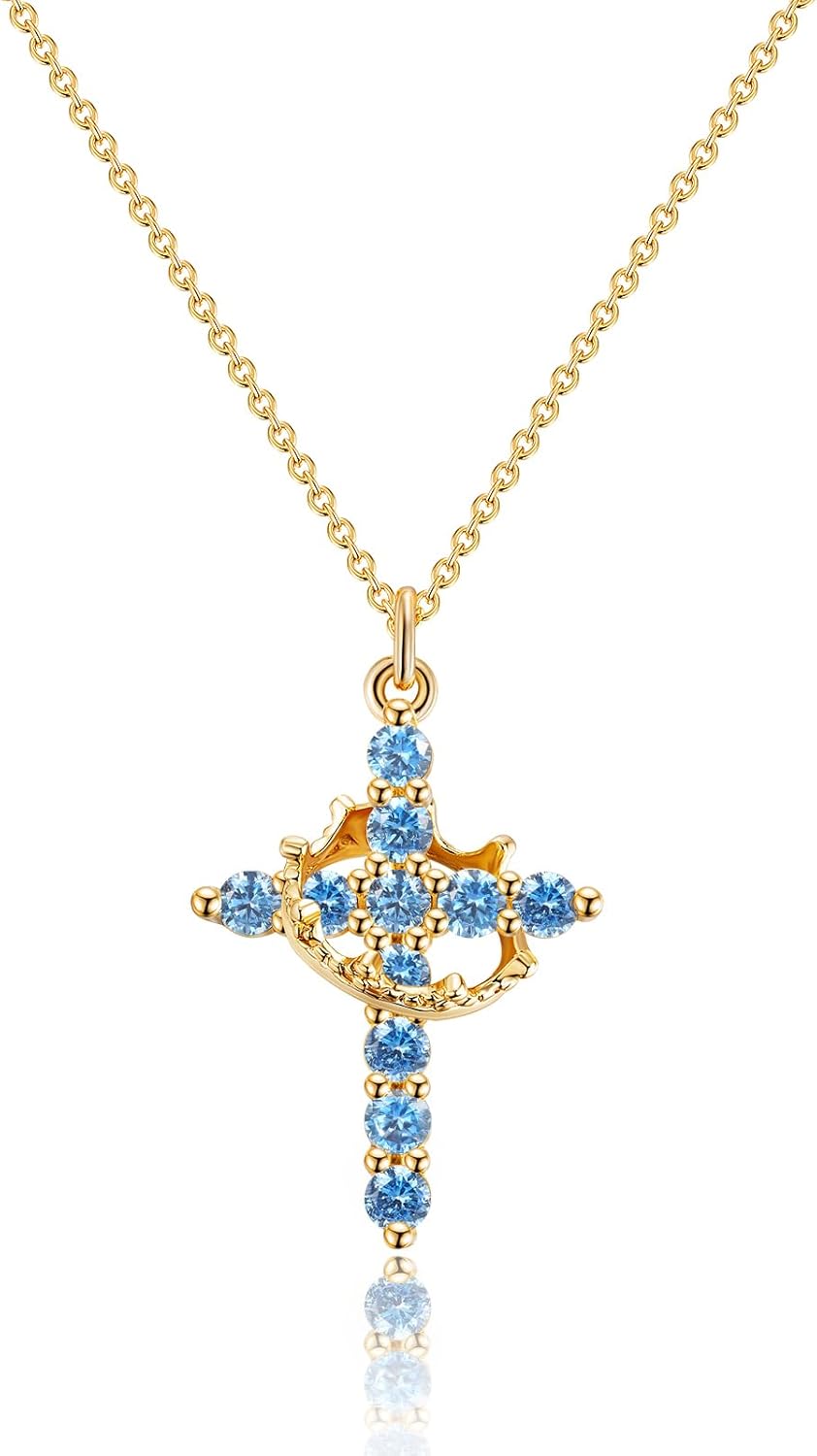 Manufacturer Upgraded Crown Cross Necklace for Women Women's Gifts 14K Gold Plated Crown Cross Pendant Necklace Diamond Cross Necklaces Faith Cross Jewelry First Communion Gifts Necklace