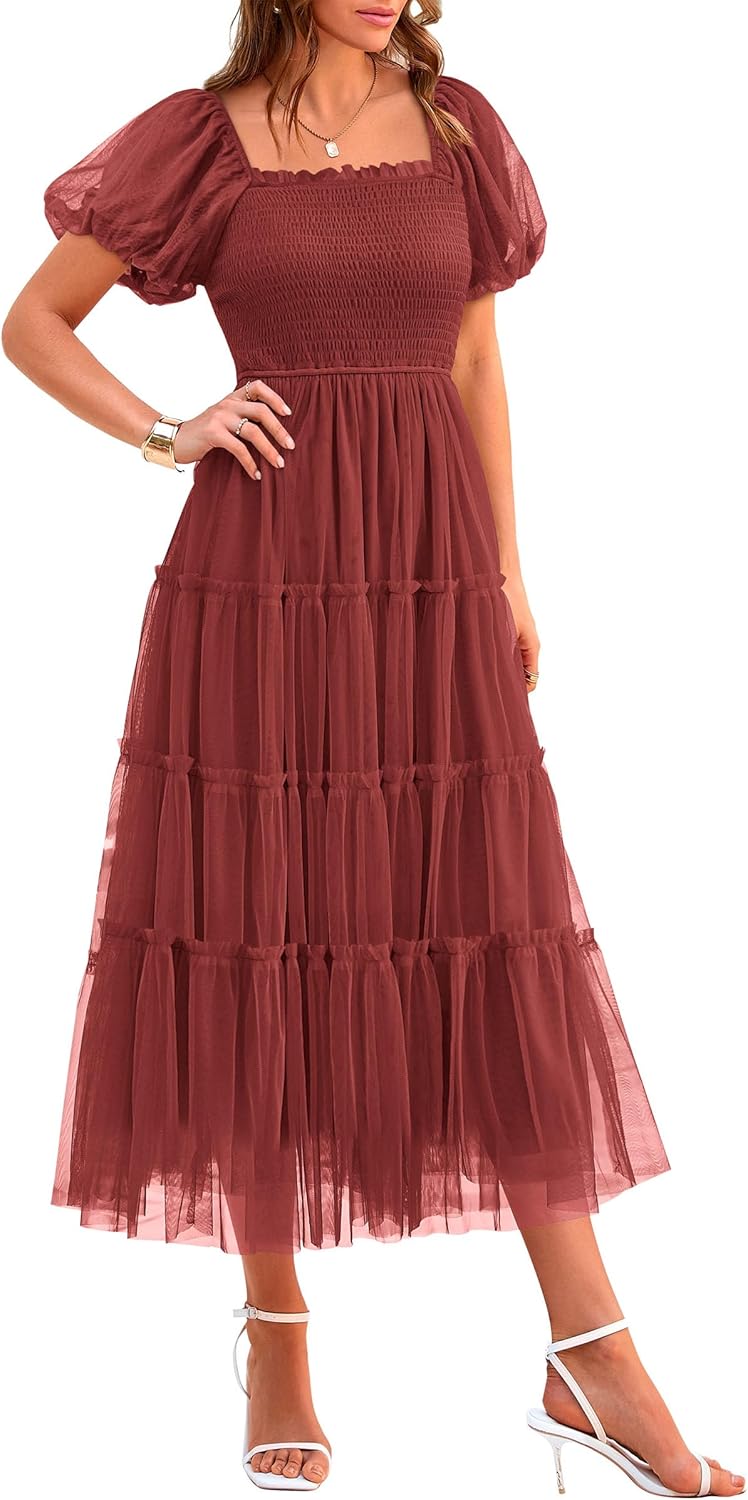 Manufacturer PRETTYGARDEN Women's Smocked Midi Tulle Dress 2025 Summer Puffy Short Sleeve Square Neck Ruffle Wedding Guest Party Dresses dresses