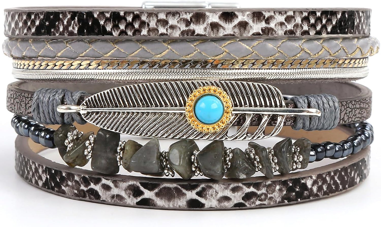 Manufacturer Fesciory Leopard Bracelet for Women, Boho Leather Wrap Multi-Layer Pearl Crystal Bracelet Bangle Jewelry bracelets