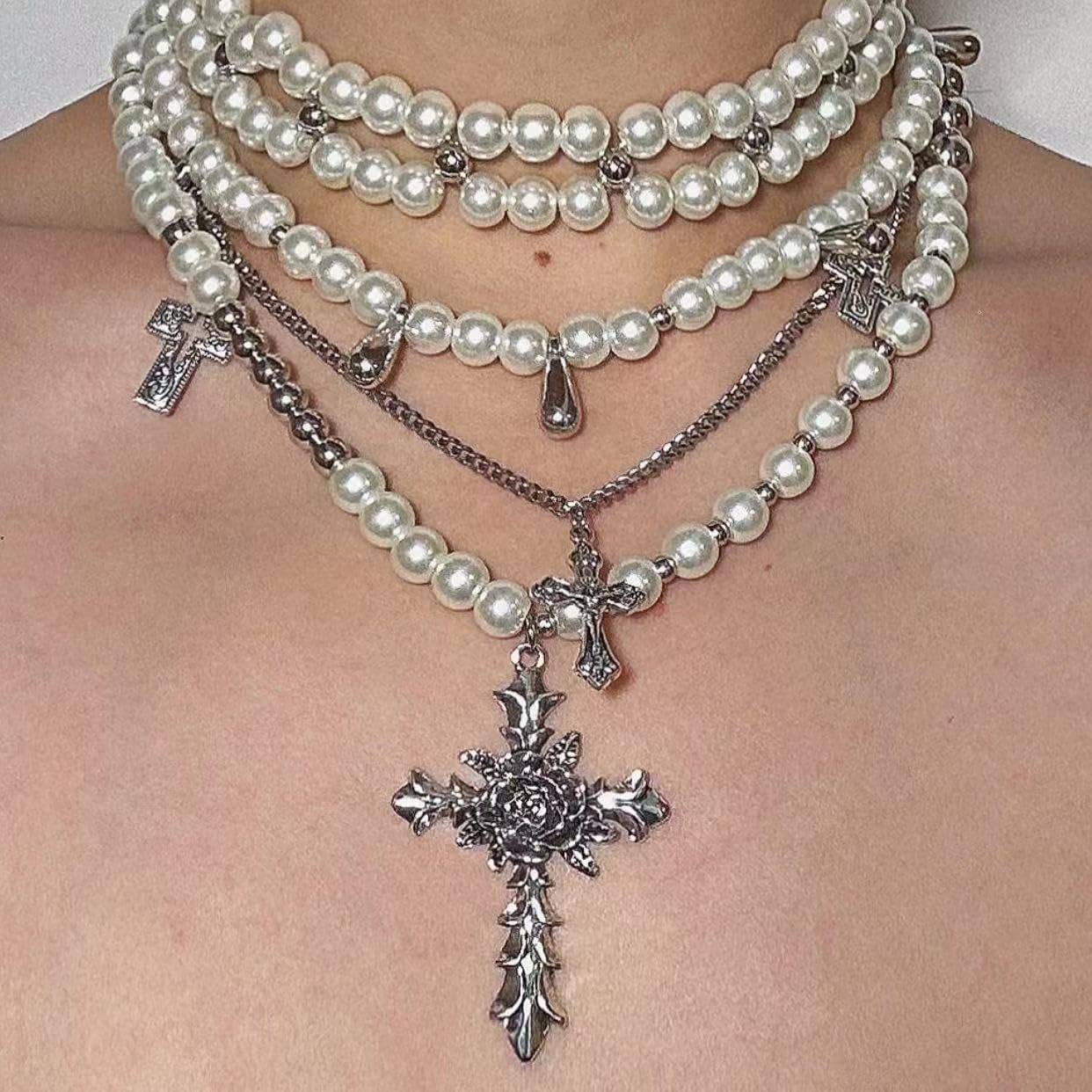 Manufacturer Layered Pearl Necklace Gothic Cross Pearl Stacked Necklace for Women Necklace