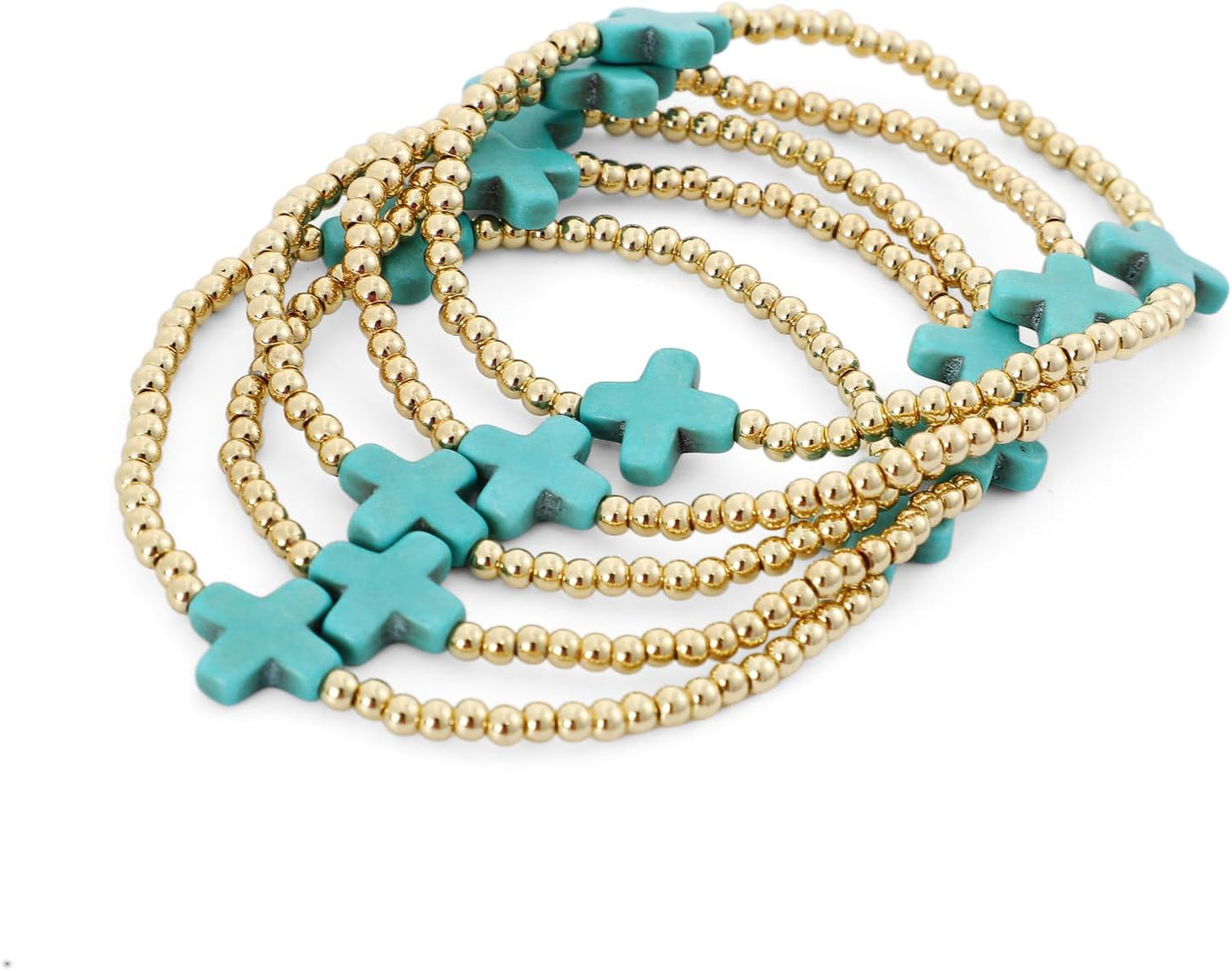 Manufacturer Gold Beaded Bracelets for Women Trendy, 14K Gold Plated Stack Cross Pearl Gold Bead Stretch Bracelets Set Elastic Hypoallergenic Bracelets Jewelry Gifts bracelets