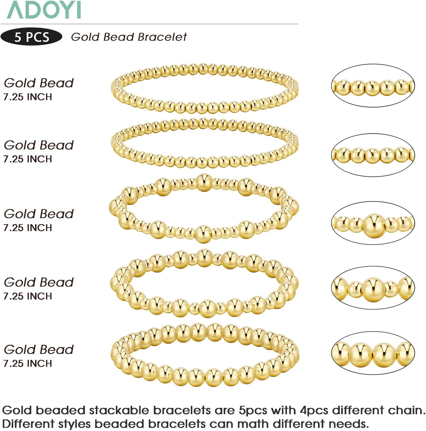 Manufacturer adoyi Gold Bracelets for Women Waterproof, 14K Gold Plated Beaded Strand Bead Ball Bracelets stack Adjustable Jewelry Set for Gifts bracelets