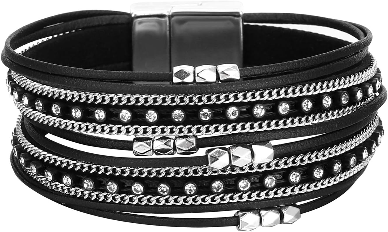 Manufacturer Fesciory Leather Wrap Bracelets for Women, Boho Leopard Multi-Layer Crystal Beads Cuff Bracelet Jewelry bracelets