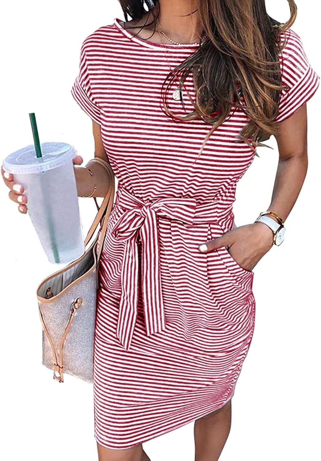 Manufacturer MEROKEETY Women's Summer Striped Short Sleeve T Shirt Dress Casual Tie Waist with Pockets dresses