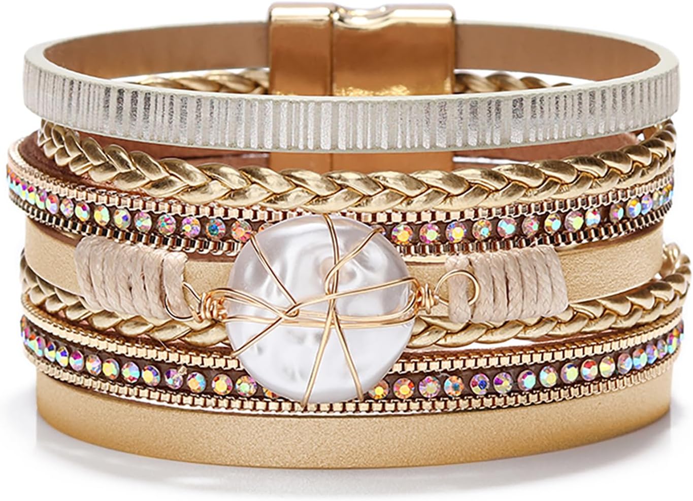 Manufacturer Fesciory Leopard Bracelet for Women, Boho Leather Wrap Multi-Layer Pearl Crystal Bracelet Bangle Jewelry bracelets