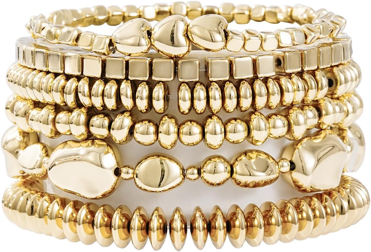 Manufacturer Gold Beaded Bracelets for Women Trendy, 14K Gold Plated Stack Cross Pearl Gold Bead Stretch Bracelets Set Elastic Hypoallergenic Bracelets Jewelry Gifts bracelets