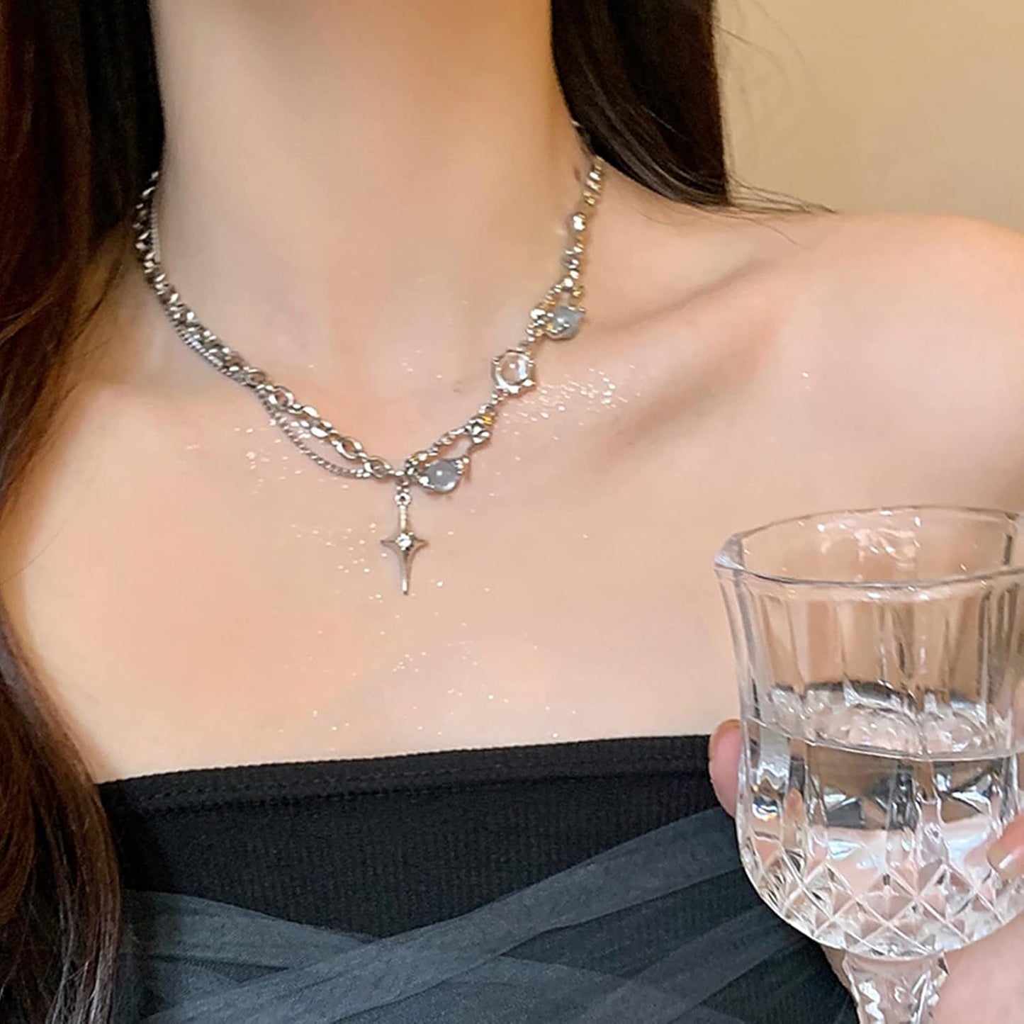 Manufacturer Y2k Irregular Necklace Star Pendant Moonlight Stone Fashion Collar Chain Design Spicy Silver Jewelry for Women Necklace