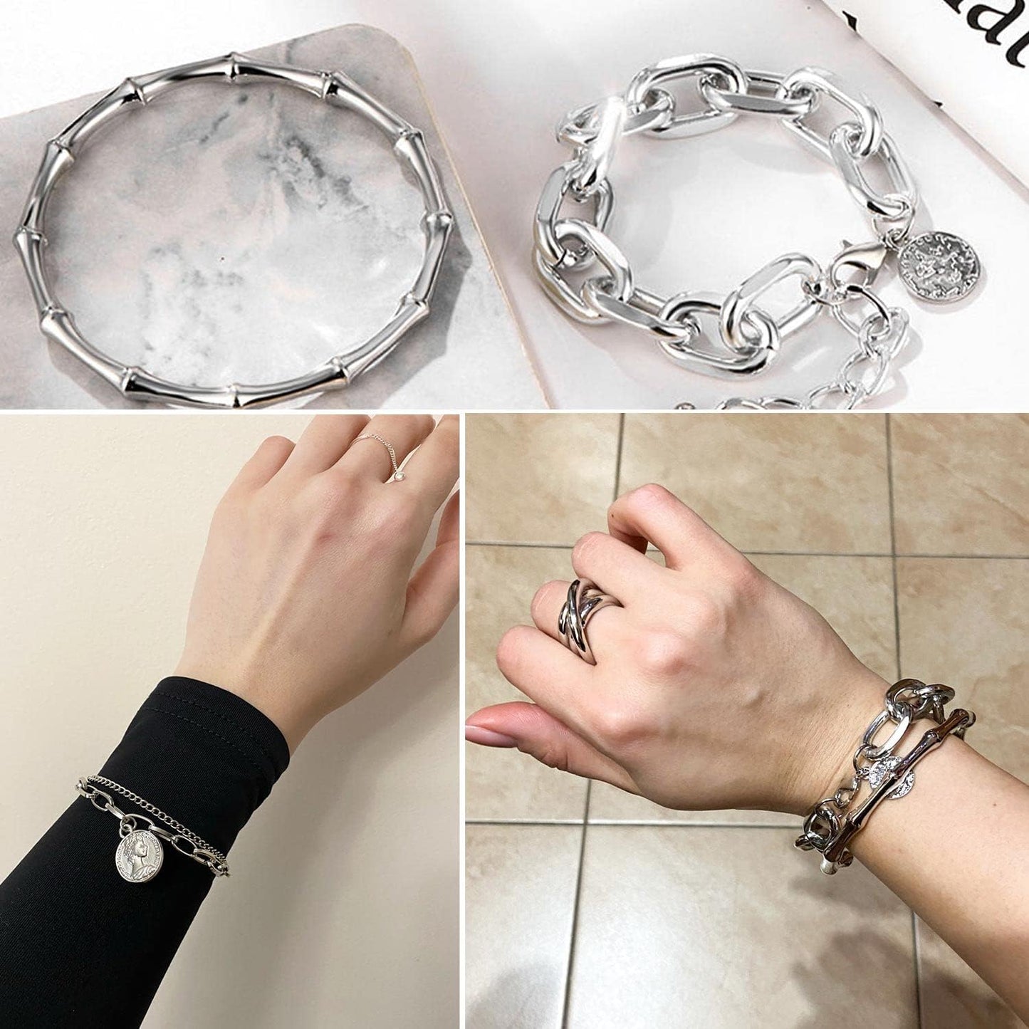 Manufacturer 17IF 18-25 PCS(6 Pack) Boho Gold Bracelets Set for Women Stackable Chunky Dainty Bangles Adjustable Chain Flat Cuff Cuban Punk Charm Bundle Jewelry bracelets