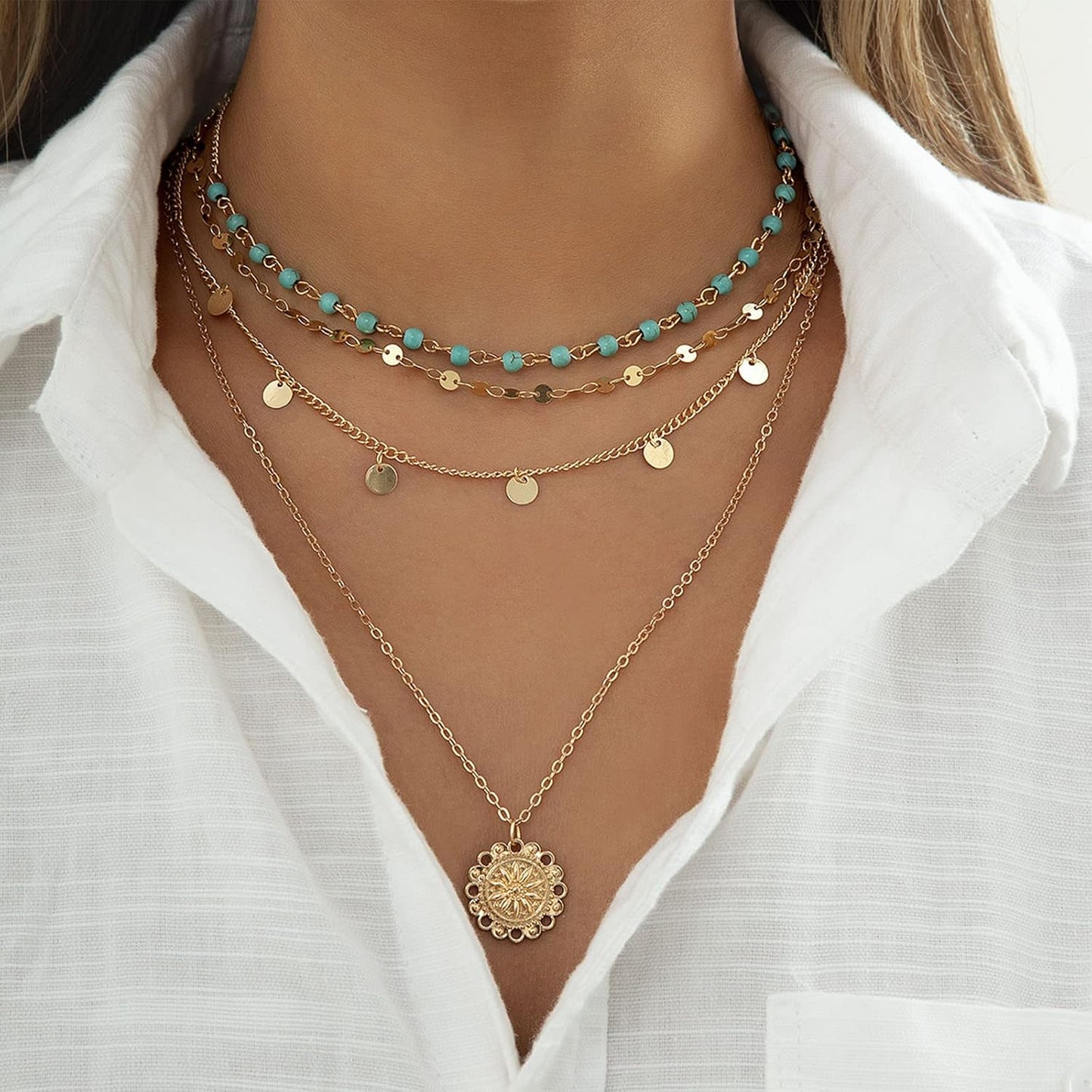Manufacturer Gold Layered Turquoise Necklace for Women Multi Boho Long Necklace Bohemian Coin Pendant Necklaces Jewelry necklace