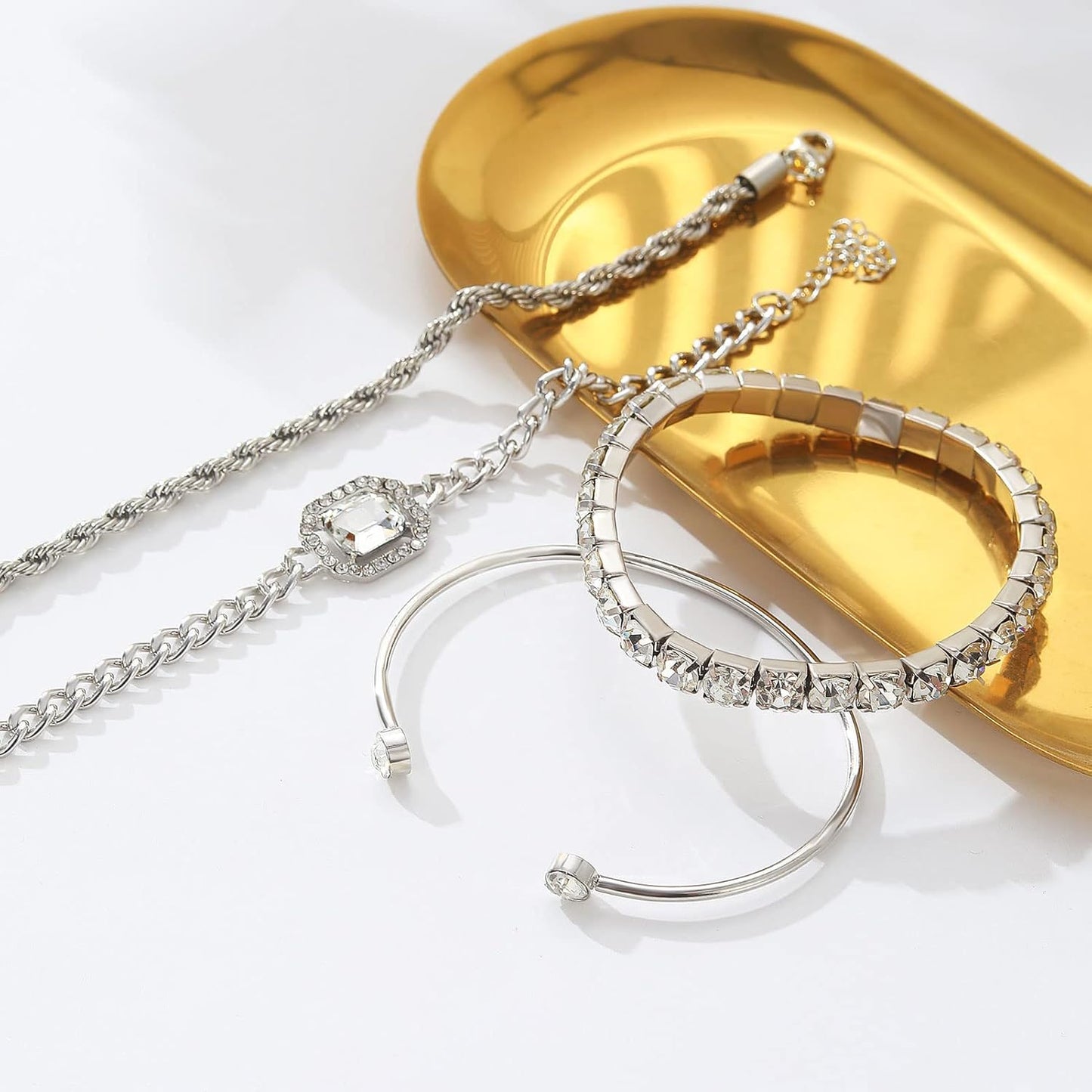 Manufacturer 4 Pcs Dainty Gold Silver Bracelets Set for Women 14K Plated Link Cubic Zirconia Paperclip Stake Layering Chain Adjustable Trendy Hand Jewelry bracelets