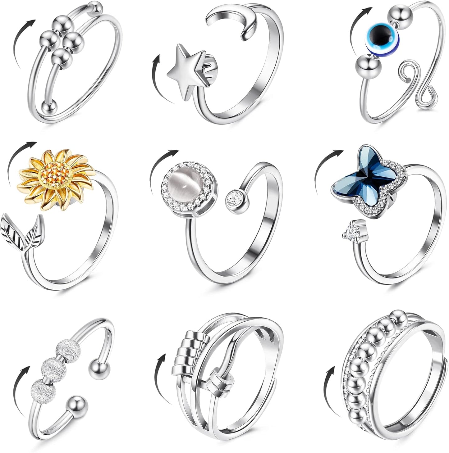 Manufacturer FIBO STEEL 9 Pcs Fidget Anxiety Rings for Women Men Spinner Rings for Anxiety Relieving Stress Open CZ Flower Moon Star Anti Rotatable Rings Adjustable rings