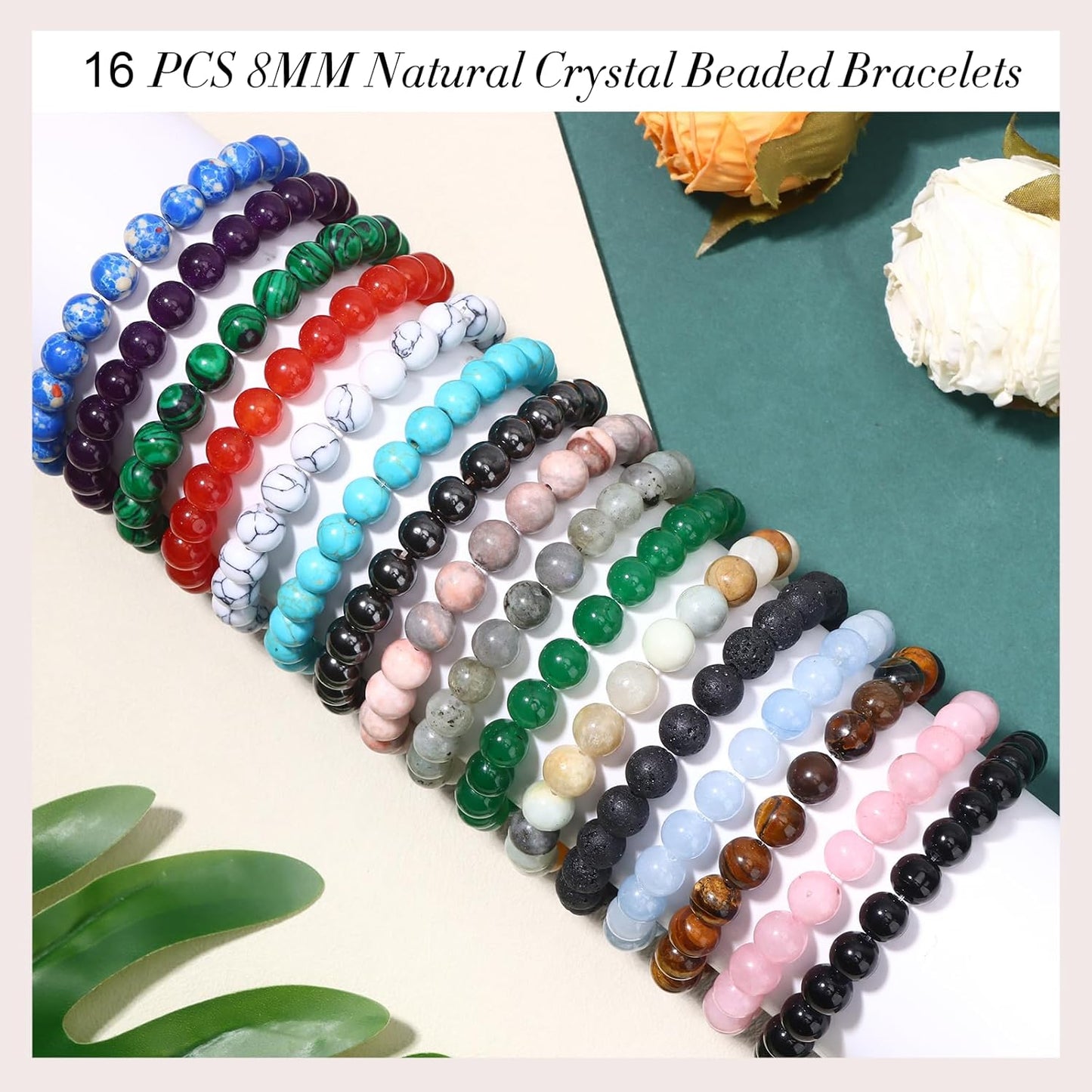 Manufacturer 16PCS Natural Crystal Bracelets for Women Men - 8mm Semi-Precious Gemstone Beaded Bracelets, Round Gemstones Stretch Bracelet, Yoga Bracelets Jewelry Gifts bracelets
